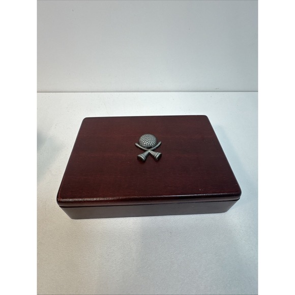 The Unbranded Brand Other - VTG Wood Box Set of 2 Golfer themed Playing Card Decks Sealed Pewter Ball On Lid